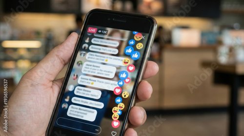 Hand holding smartphone streaming live social media content