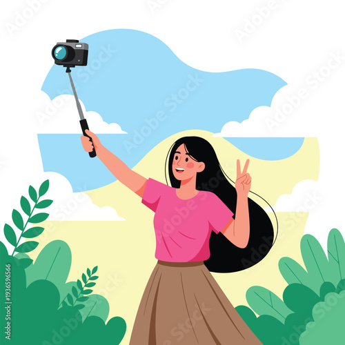 A young woman influencer is capturing a video with an action camera on a monopod outdoors, making a peace sign