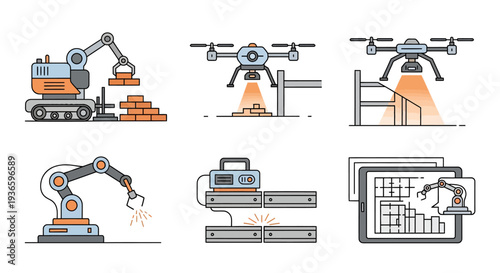 Showcasing advanced industrial automation and smart construction concepts through robotics, drone technology, and digital planning for efficient future building and infrastructure projects