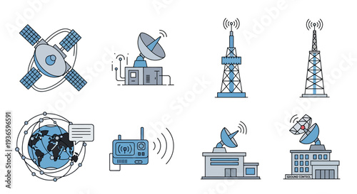 Communication technology icons including satellite, antenna, broadcast tower, and global network graphics