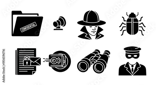 Collection of icons for cybersecurity, digital threats, and data privacy. Features confidential documents, surveillance, hackers, malware, secure information, and espionage concepts