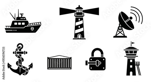 Collection of marine and nautical icons representing maritime industry, travel, and logistics