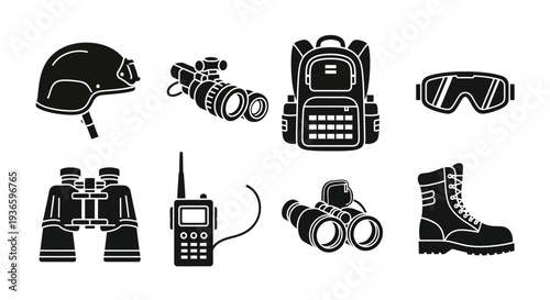 Collection of tactical and outdoor exploration gear, including a helmet, binoculars, backpack, goggles, radio, and boots