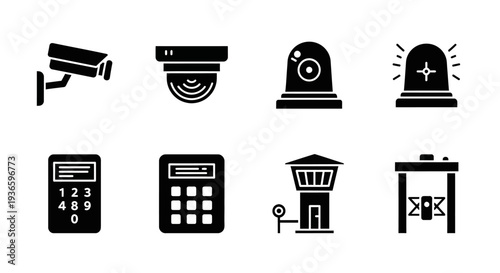 A comprehensive collection of security and surveillance system icons, representing various devices for access control, monitoring, and perimeter protection in modern environments