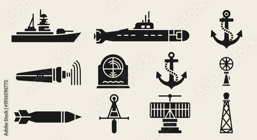 Vector icons depicting naval defense systems, maritime navigation tools, and sea warfare machinery for military and ocean exploration themes, in a minimalist silhouette style