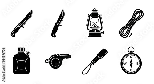 Essential outdoor adventure gear and survival tools collection icons, featuring knives, lantern, rope, fuel can, whistle, flashlight, and compass for wilderness exploration