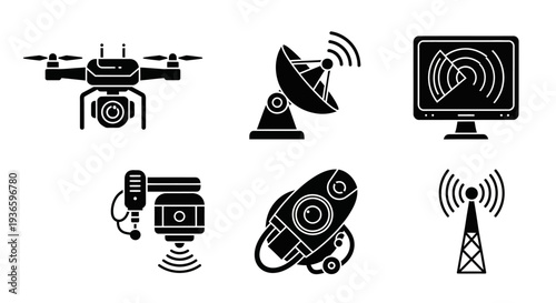 Collection of black silhouette icons representing modern communication, surveillance, and advanced technology systems for wireless data transmission and network infrastructure