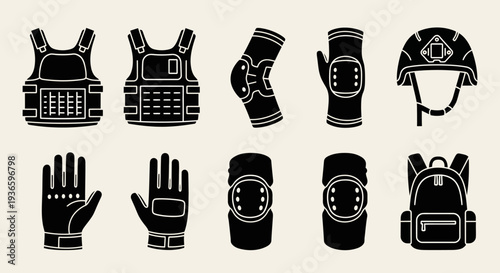Collection of protective gear and tactical equipment including vest, helmet, knee and elbow pads, gloves, and backpack