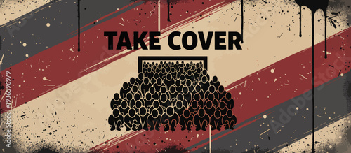 Take cover emergency shelter concept. Crowd of people silhouettes in bunker doorway. Grunge vector illustration