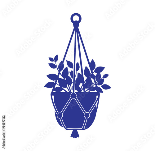 Blue hanging plant in a macrame hanger with leaves  home decor