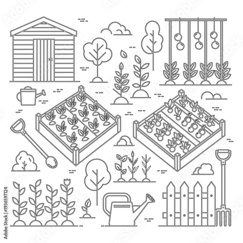 Black and white line of gardening tools and plants around a shed and fence line gardening tools