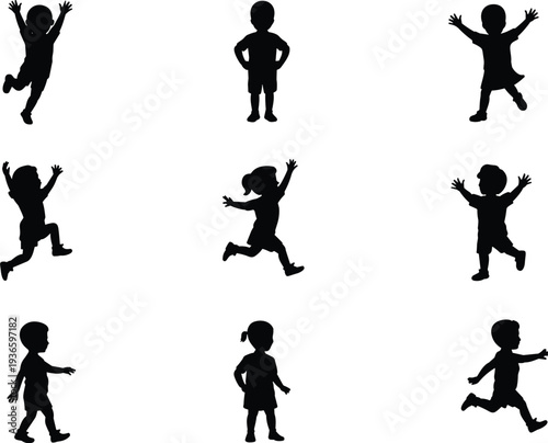 Children silhouettes set with kids jumping, running and playful poses isolated on white background happy childhood activity concept