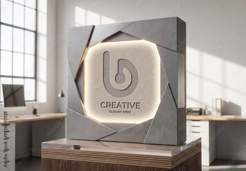 Modern Glowing Display Stand Logo Mockup on Desktop Stock Template ...