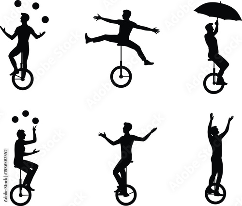 Circus unicycle performer silhouettes set with juggling, balancing and umbrella riding tricks isolated on white background entertainment concept
