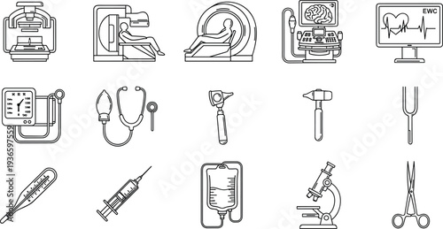 Collection of Medical Diagnostic Equipment Line Art Icons Featuring MRI Scanners Ultrasound Machines Stethoscopes Microscopes and Clinical Healthcare Tools for Hospitals
