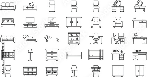 Comprehensive Collection of Furniture Line Art Icons Featuring Beds Sofas Tables Chairs and Storage Solutions for Interior Design and Home Decor