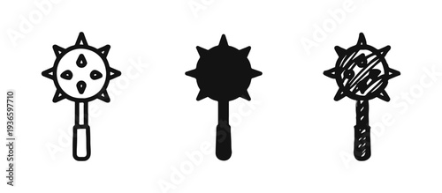 Morning Star flail weapon icon set in outline, solid, and doodle styles, great for medieval combat or fantasy.
