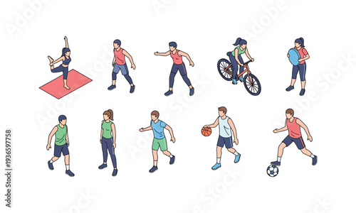Diverse people engaged in sports and fitness activities isometric