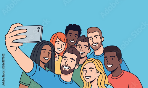 Group of diverse young people taking selfie photo together at outdoor event