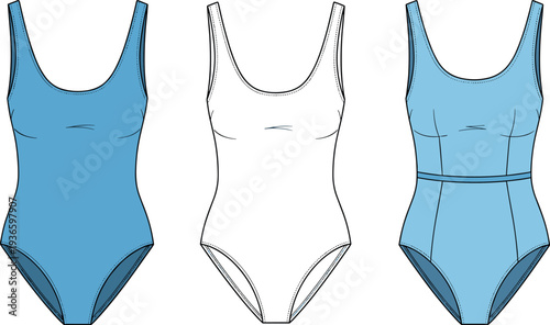 Technical Fashion Flat Sketch of Women's One-Piece Swimsuit and Bodysuit Set Featuring Scoop Neckline, Sleeveless Silhouette, and Detailed Seam Construction