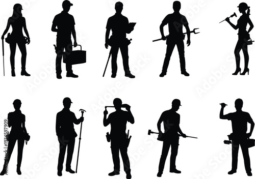 Construction workers silhouettes set with handyman builder carpenter holding tools isolated on white background for building and repair concept