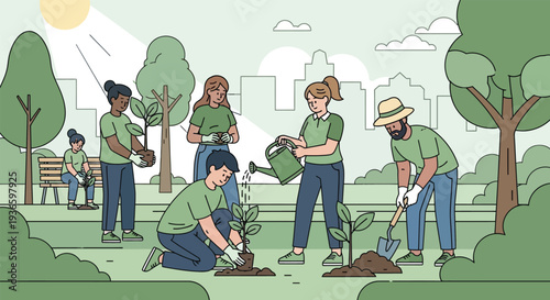Group of volunteers planting trees and gardening in urban green park