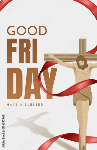 Good Friday Church Poster with Crucifix and Red Ribbon Symbol of Christ Sacrifice