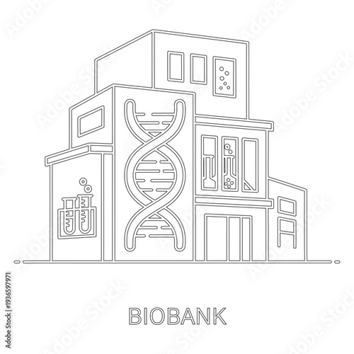 Black line of a biobank building with D N A double helix laboratory