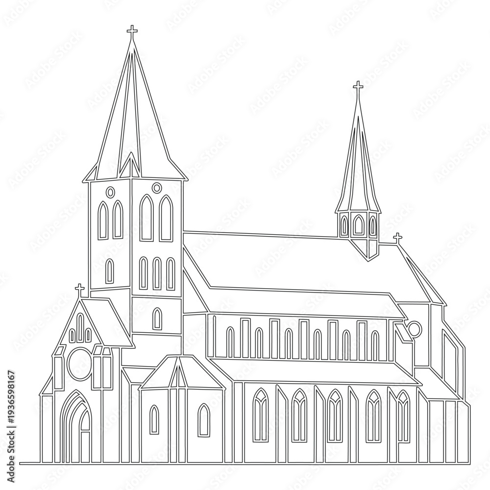 Fototapeta premium Black line of a church with two spires and crosses architecture building line black and white