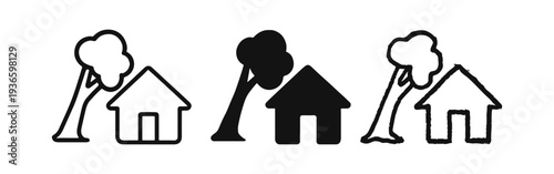 House and falling tree icon set representing natural disaster, storm damage, or property insurance concepts.