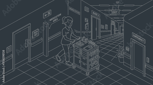 Nurse pushing a medical cart down a hospital hallway with room numbers and exit signs