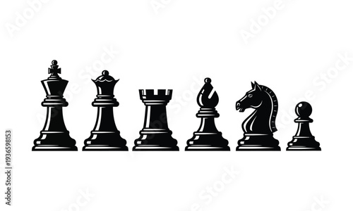 Set of black chess pieces in a row on a white background
