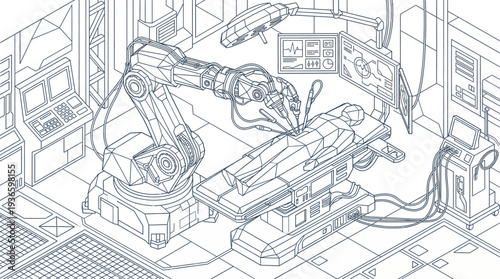Robotic surgery in a futuristic operating room, isometric view, medical technology, precision, innovation, healthcare