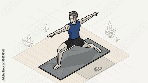 Man practicing yoga in warrior pose on a mat, isometric illustration, healthy lifestyle and wellness concept