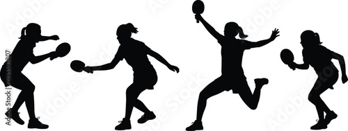 Female table tennis player silhouettes collection showing dynamic ping pong action poses with racket and ball isolated on white background