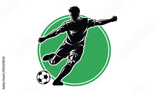 Soccer player kicking ball in action pose within a green circle emblem