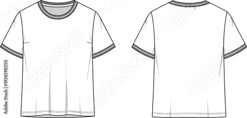 White Crew Neck T-Shirt Technical Flat Sketch Vector with Striped Ribbed Details on Collar and Sleeves Front and Back View