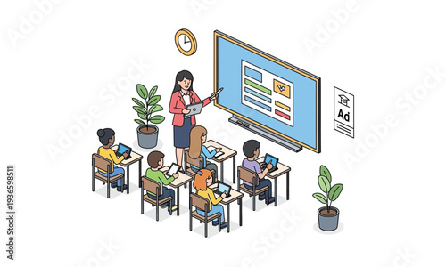 Woman teacher presenting online content to students in classroom setting