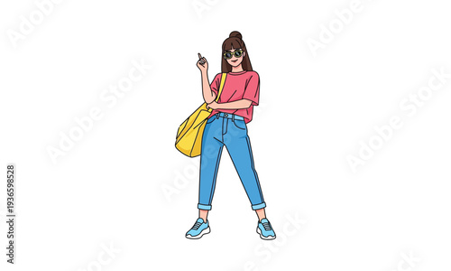 Woman with tote bag and sunglasses pointing up with index finger