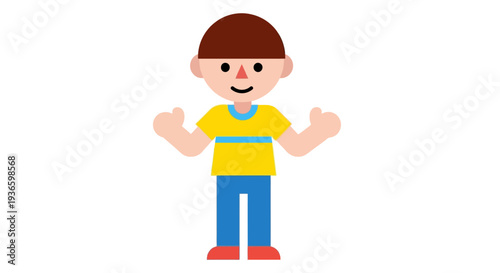 A cartoon character standing with open arms and smiling in a friendly gesture