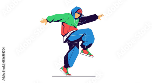 Dynamic illustration of a person dancing with energetic movement and colorful clothing