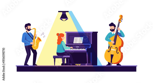 Musicians performing jazz music together on a simple stage with various instruments