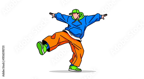 Dynamic illustration of a person dancing energetically with vibrant clothing and accessories