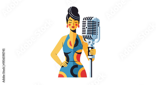 Woman holding microphone, illustration of female singer performing at event