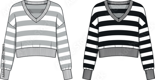 Women Cropped V Neck Striped Sweater Fashion Flat Sketch Vector Set with Drop Shoulder Long Sleeves and Ribbed Hem Cuffs