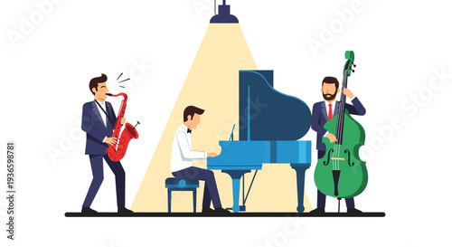 Musicians performing together on stage with piano, saxophone, and double bass under spotlight