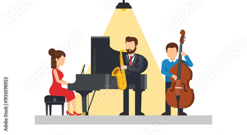 Musicians performing together on stage with piano, guitar, and cello