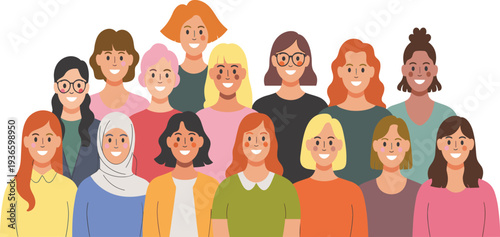 Diverse female community group vector illustration with inclusive women and friends standing together for social empowerment