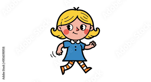 Young girl in blue dress running with blonde hair, captured from a front viewpoint in a simple illustration style