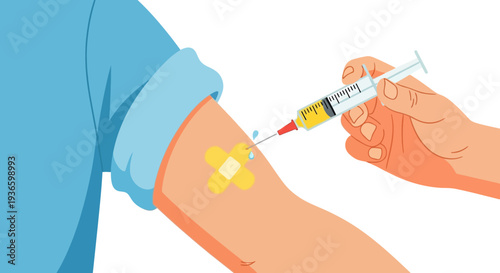 Medical professional administering vaccination to a patient's arm with a syringe and bandage